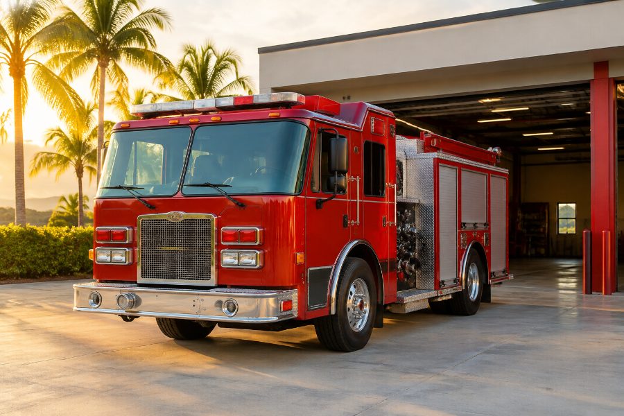 Modern red fire engine parked in front of a fire station bay in golden morning light