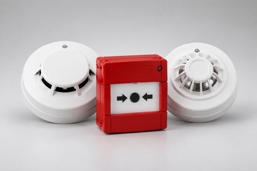 Two smoke and heat detectors beside a red manual call point