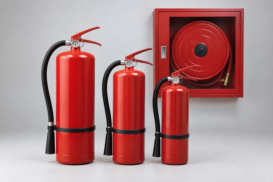 Red portable fire extinguishers of three sizes beside a wall-mounted fire hose reel cabinet