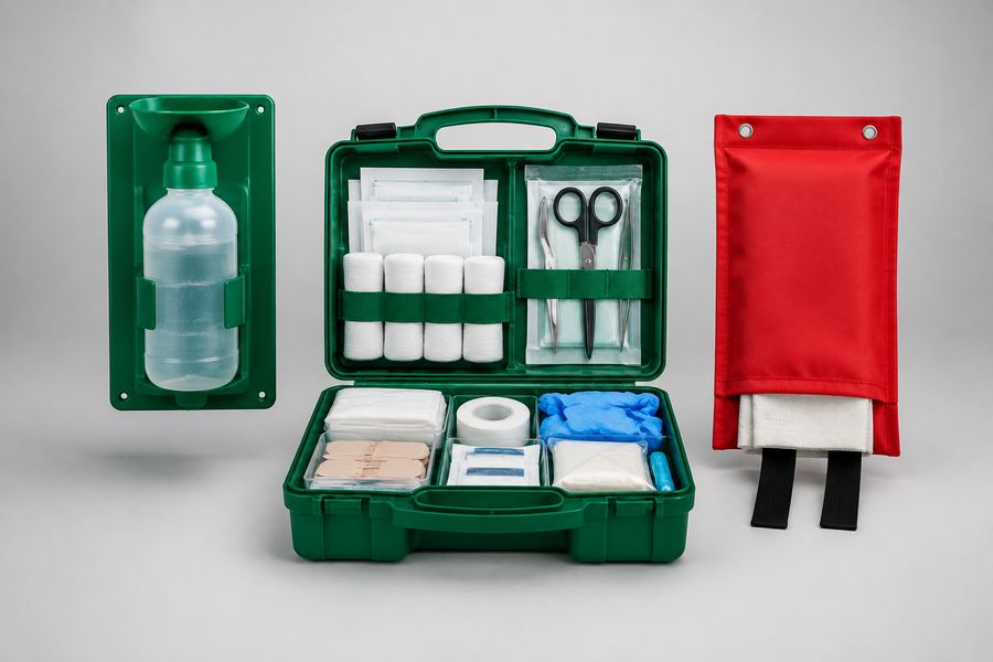 Green first aid kit, wall-mounted eye wash station and a red fire blanket