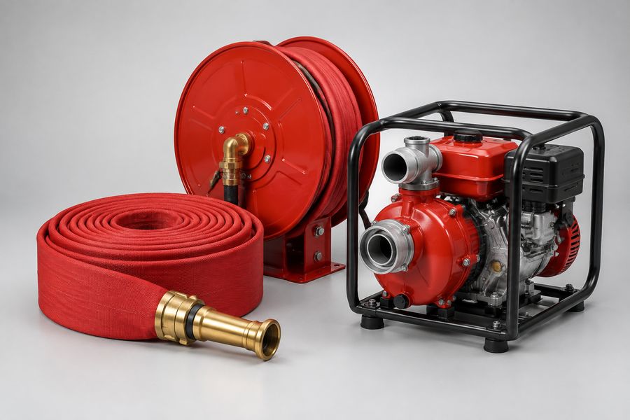 Coiled red fire hose with brass nozzle, a hose reel and a portable fire pump