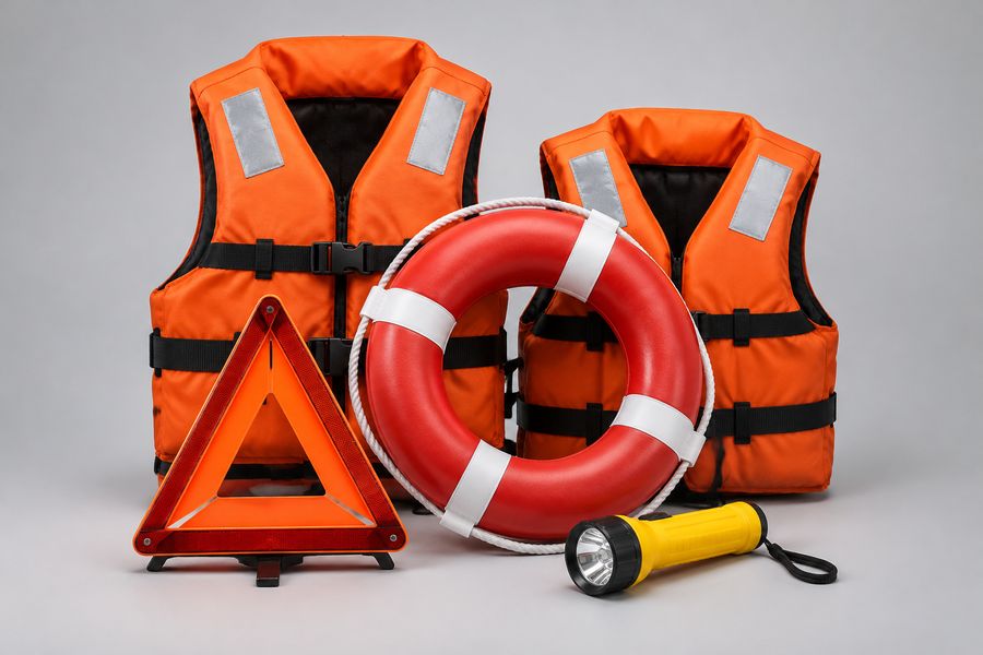 Orange life jackets, a lifebuoy ring, a warning triangle and a torch
