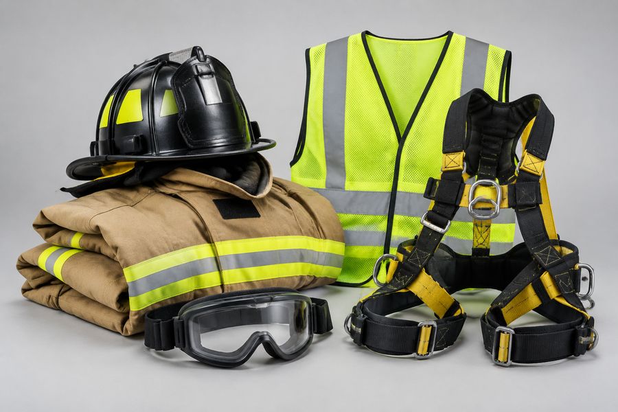 Firefighter helmet and jacket, safety goggles, reflective vest and safety harness