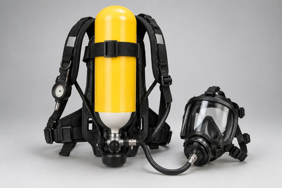 Self-contained breathing apparatus with yellow air cylinder, harness and full face mask