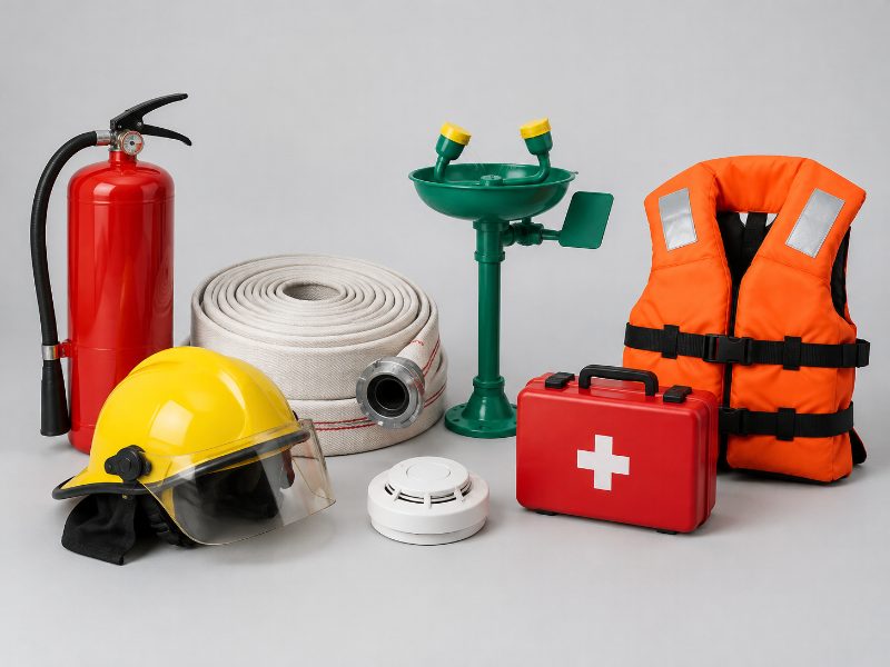 Assorted fire safety equipment including an extinguisher, fire hose, helmet, eye wash station, smoke detector, first aid kit and life jacket