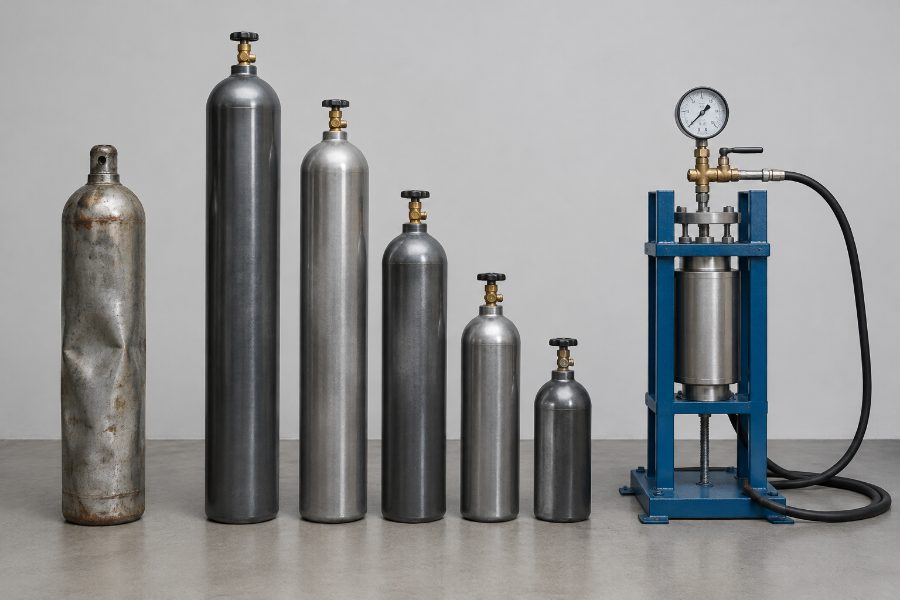 Steel gas cylinders in a row beside a hydrostatic test stand