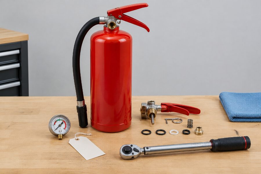 Fire extinguisher on a workshop bench with a pressure gauge, valve parts and a torque wrench